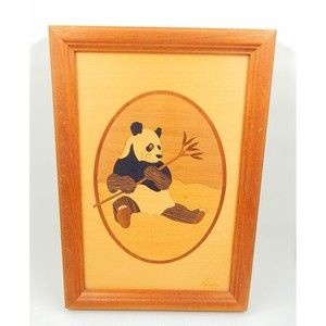 Hudson River Inlay Marquetry Wood Panda Holding Bamboo Signed By Nelson